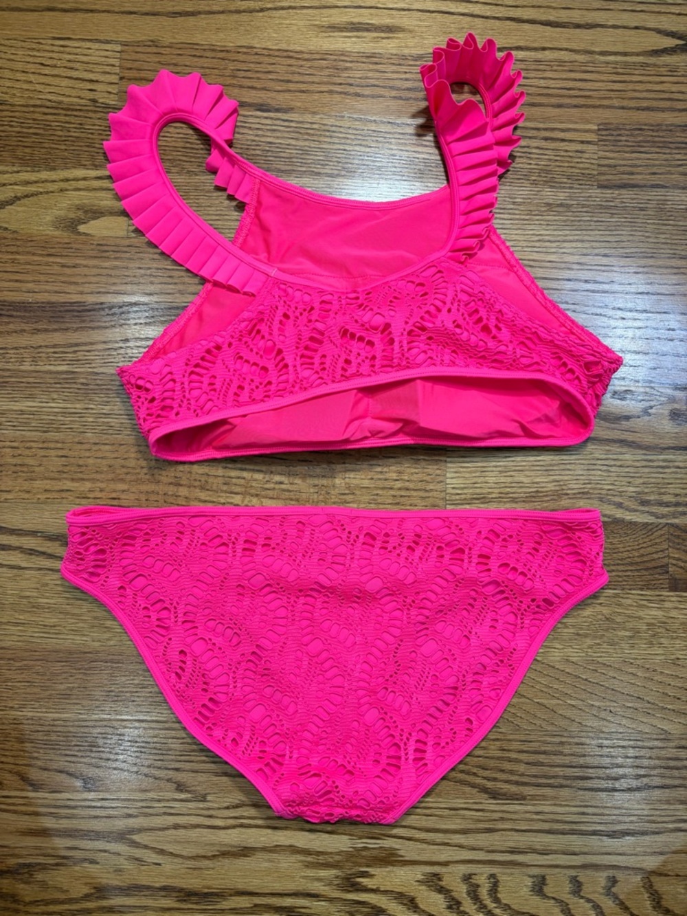 NWT aerie Hot Pink Swim Bikini XL Lace Texture Ruffle Straps - Picture 2 of 6